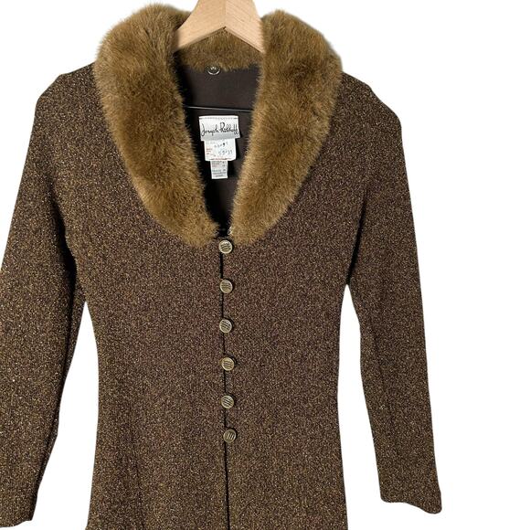 Joseph Ribkoff Bronze Metallic Knit Faix Fur Collar Cardigan Sweater Womens 8 - Picture 2 of 7